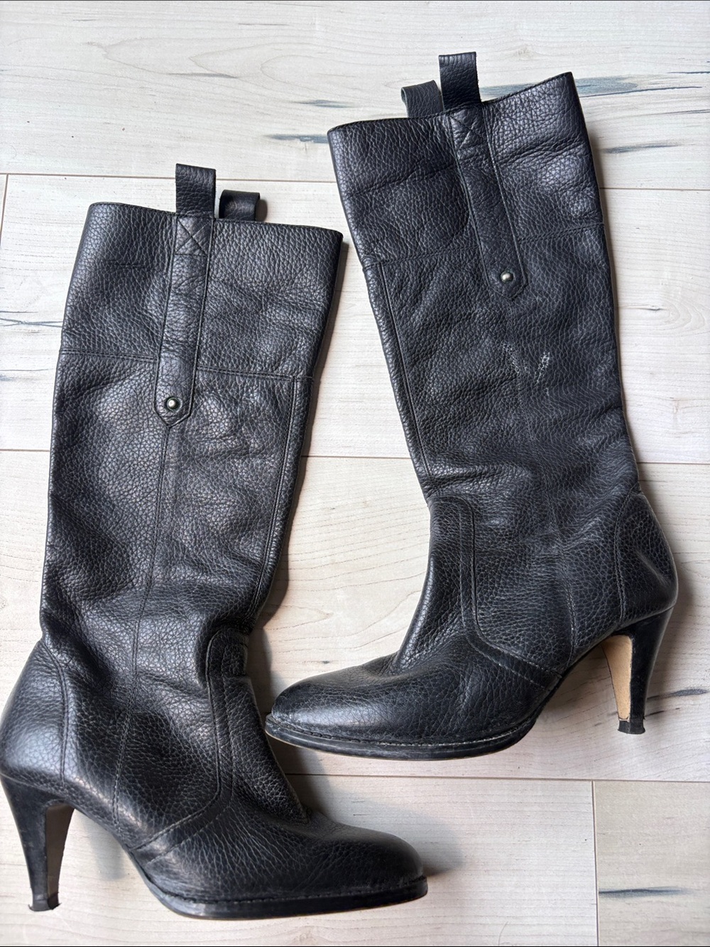 Black Leather Mid-Calf Heeled Boots